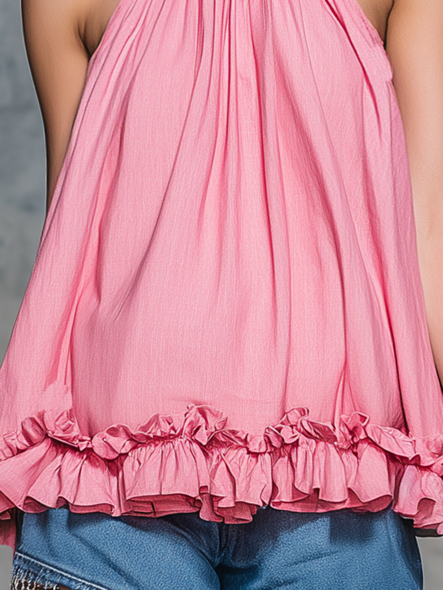 Retro Casual Stand-up Collar Sleeveless A-line Ruffle Top