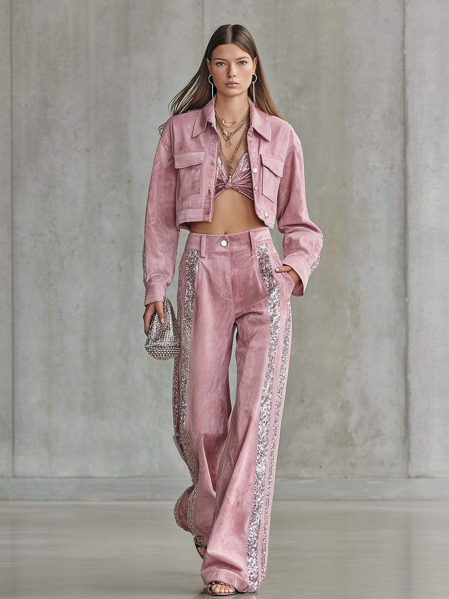 Retro-style Sequined Striped Faux Suede Wide-leg Pants