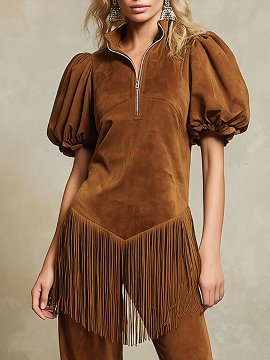 Western Retro Tassel Brown Faux Suede Short-sleeved Top And Pants Set