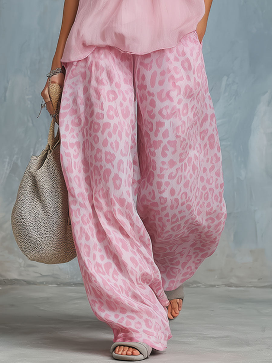 Chiffon Ruffled V-neck Sleeveless Top And Leopard Print Pants Set