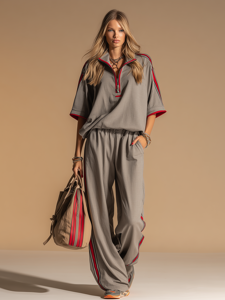 Sporty Retro Short-sleeved Shirt And Wide-leg Pants Set