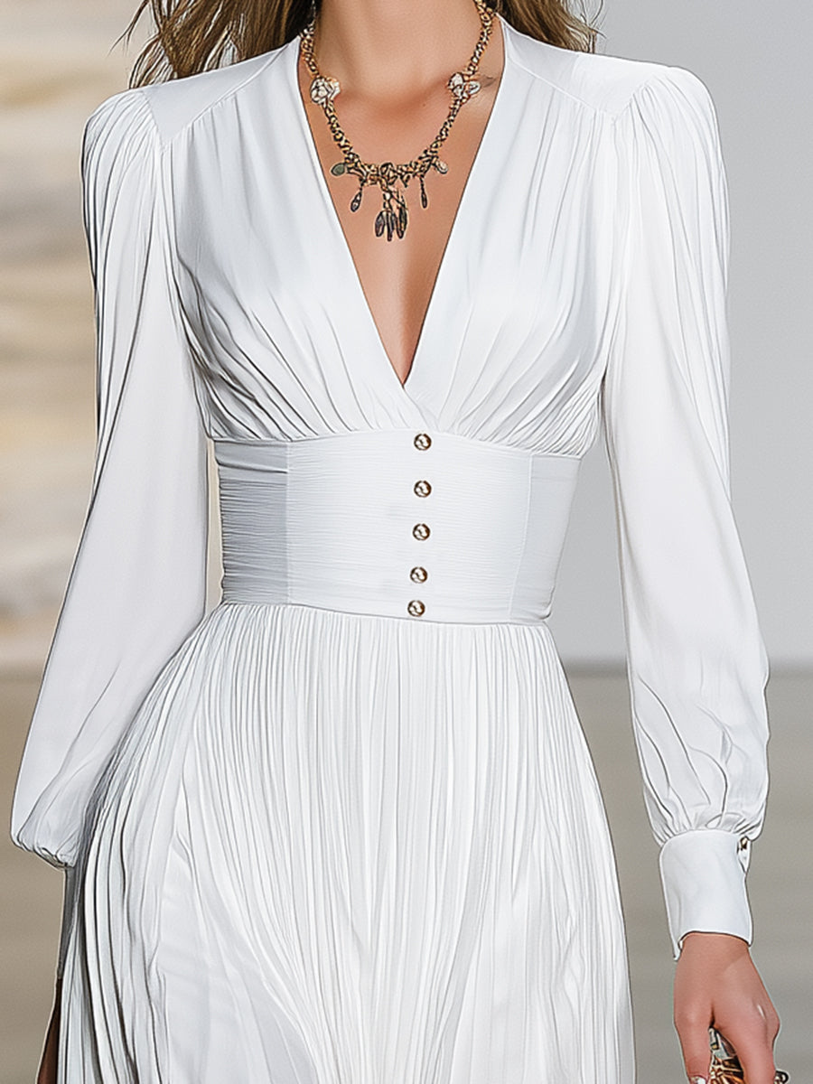 Stylish White Satin V-neck Pleated Maxi Dress