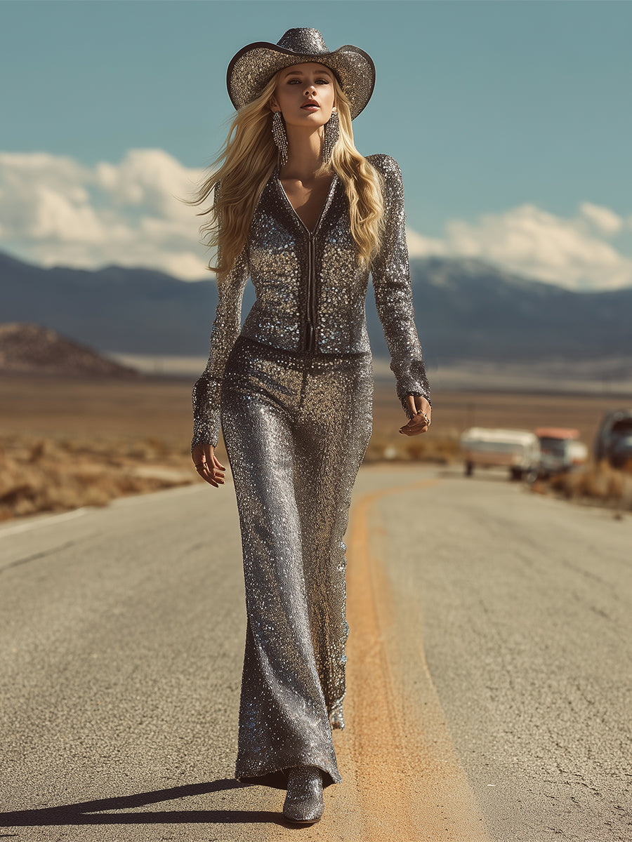 Unique Retro Silver Sequined Front Zipper Top And Wide-leg Pants Set