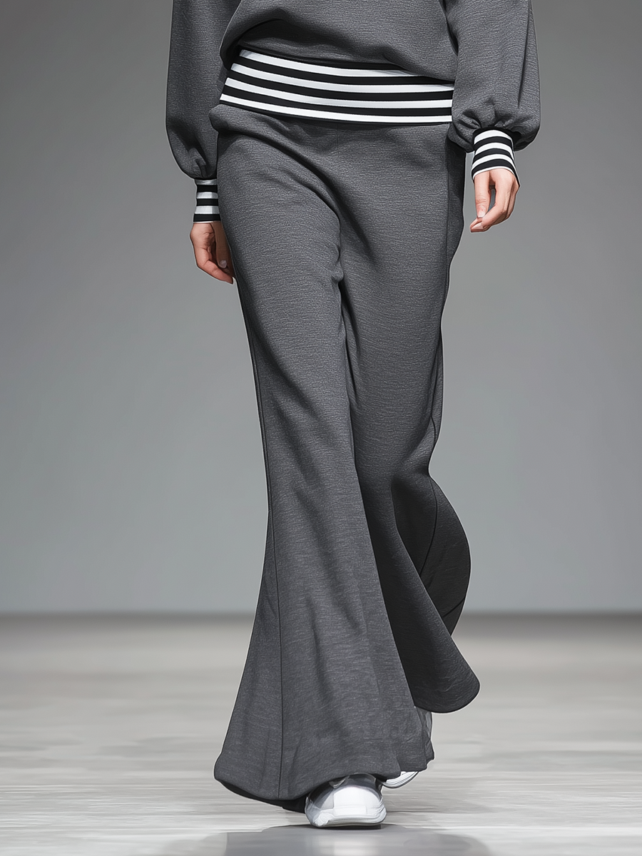 Elegant Sporty Ruffled Sweatshirt And Flared Pants Set