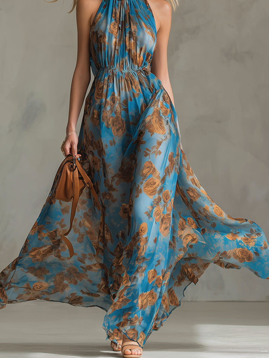 Floral Print High-neck Sleeveless Chiffon Maxi Dress