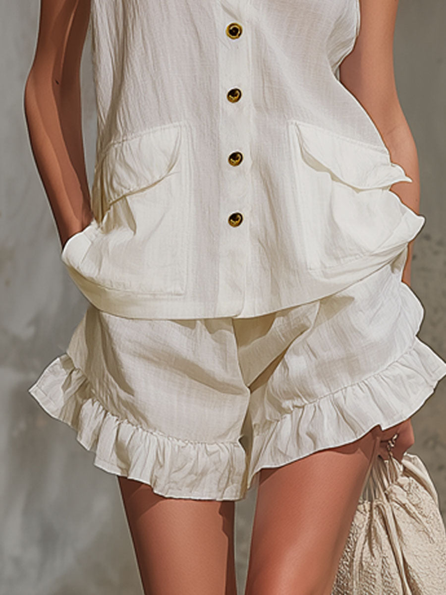 Cotton And Linen Collared Sleeveless Shirt And Shorts Set