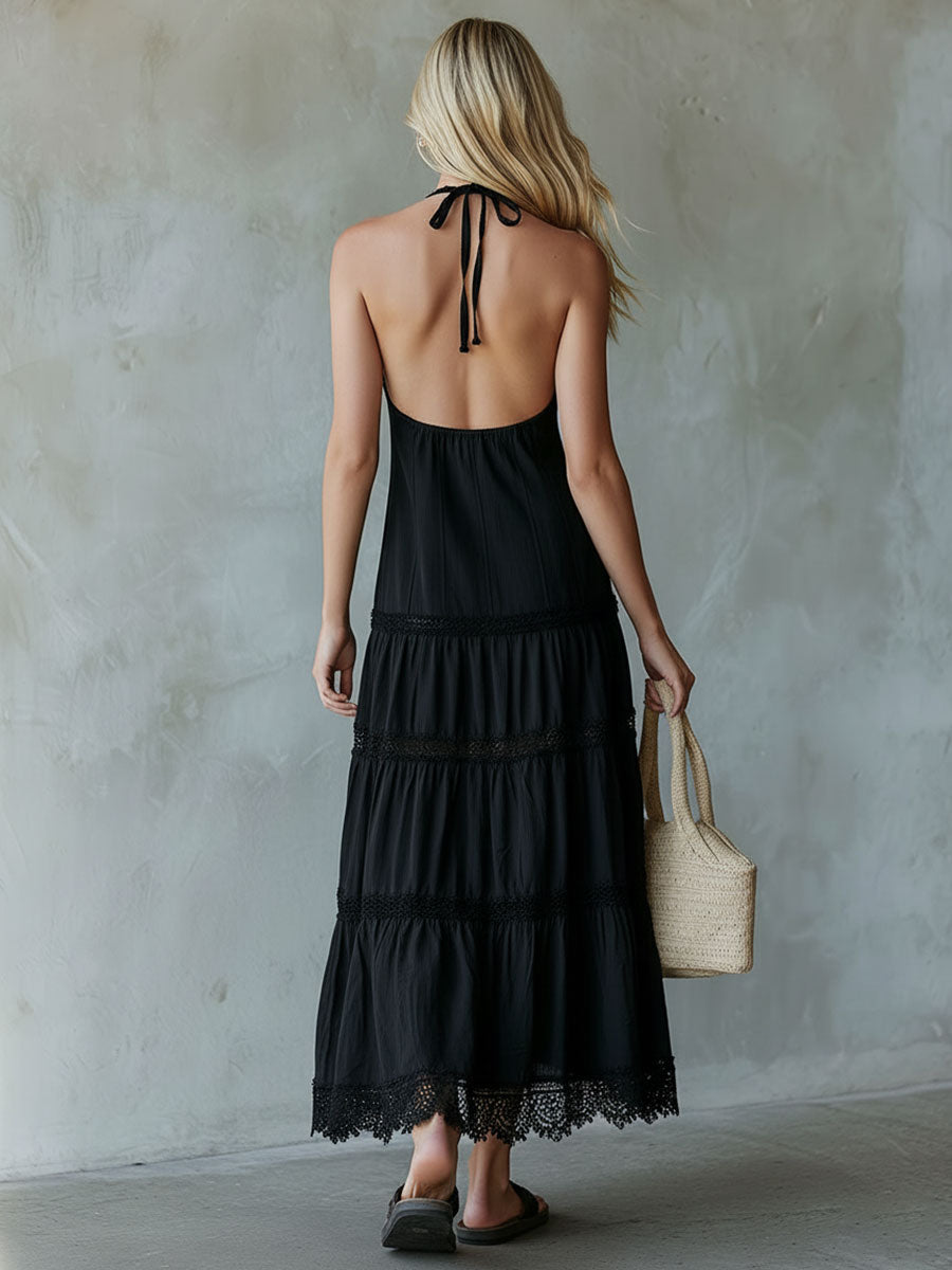 Retro Elegant Black Lace-trimmed Sleeveless Halter Neck Button Cotton Linen Maxi Dress