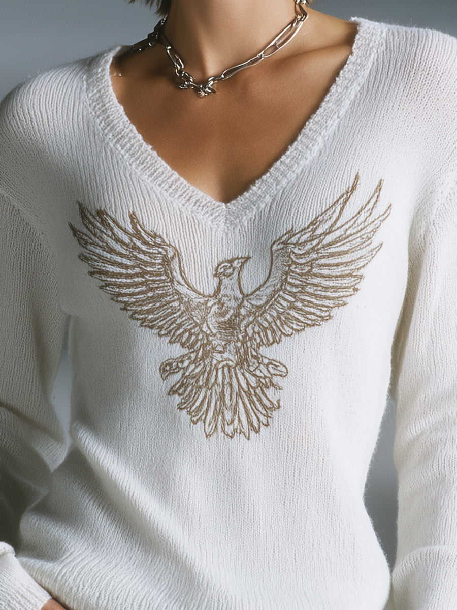 Stylish White Eagle Pattern Long-sleeved Sweater