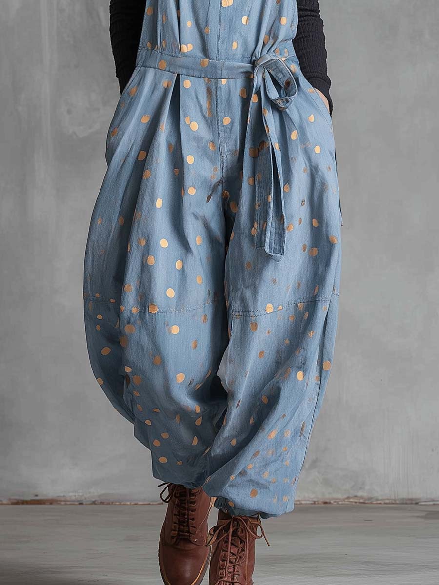 Vintage Fashion Waist Tie Gold Polka Dots Light Blue Denim Jumpsuit Overalls