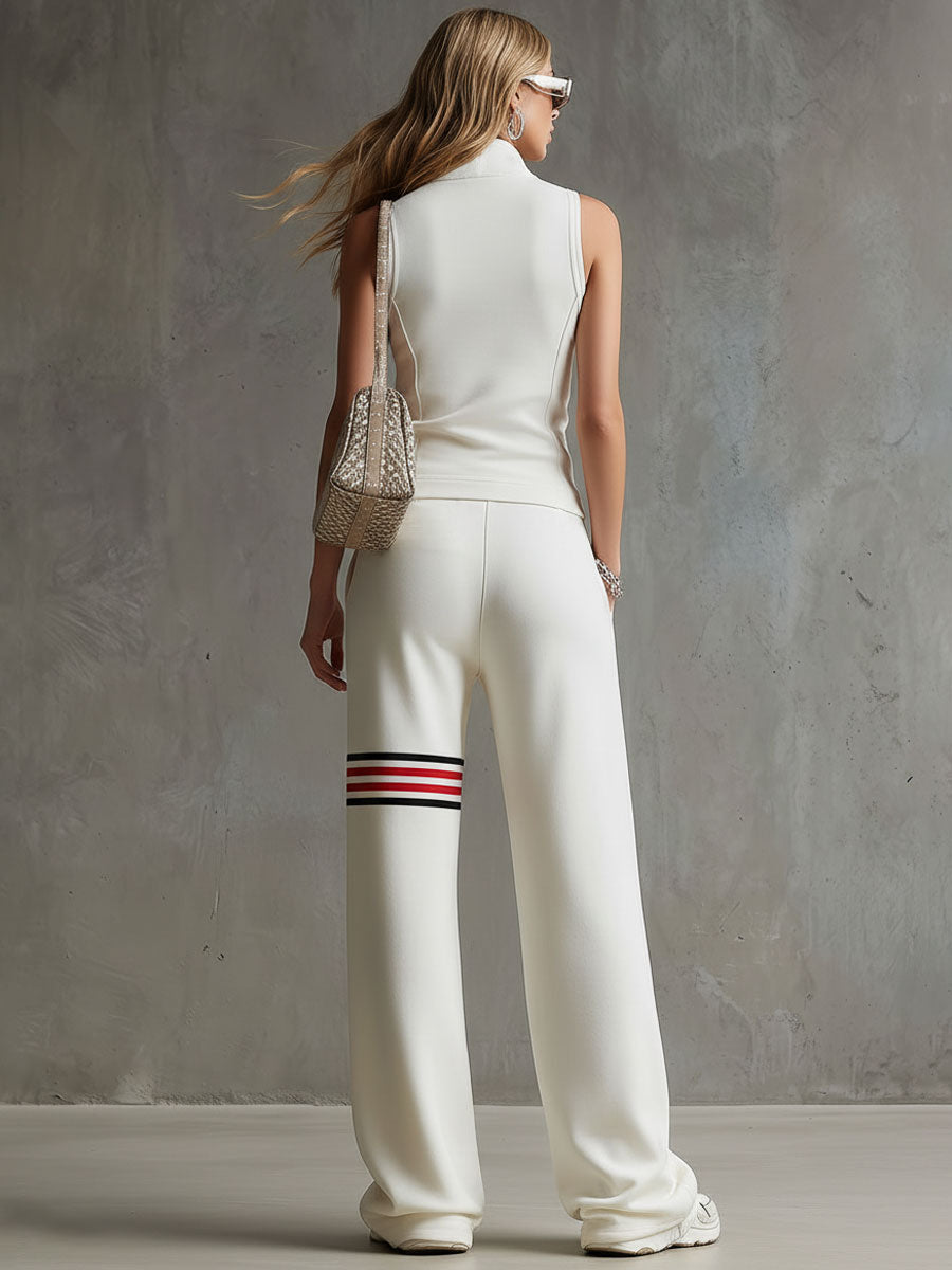 Sporty Retro White Striped Embroidered Sleeveless Vest And Wide-Leg Pants Set