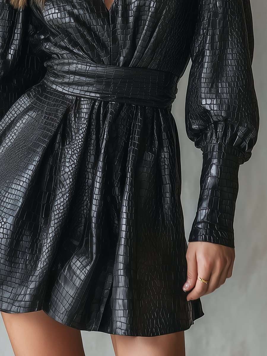 Retro-chic V-neck Faux Crocodile Leather Mini Dress