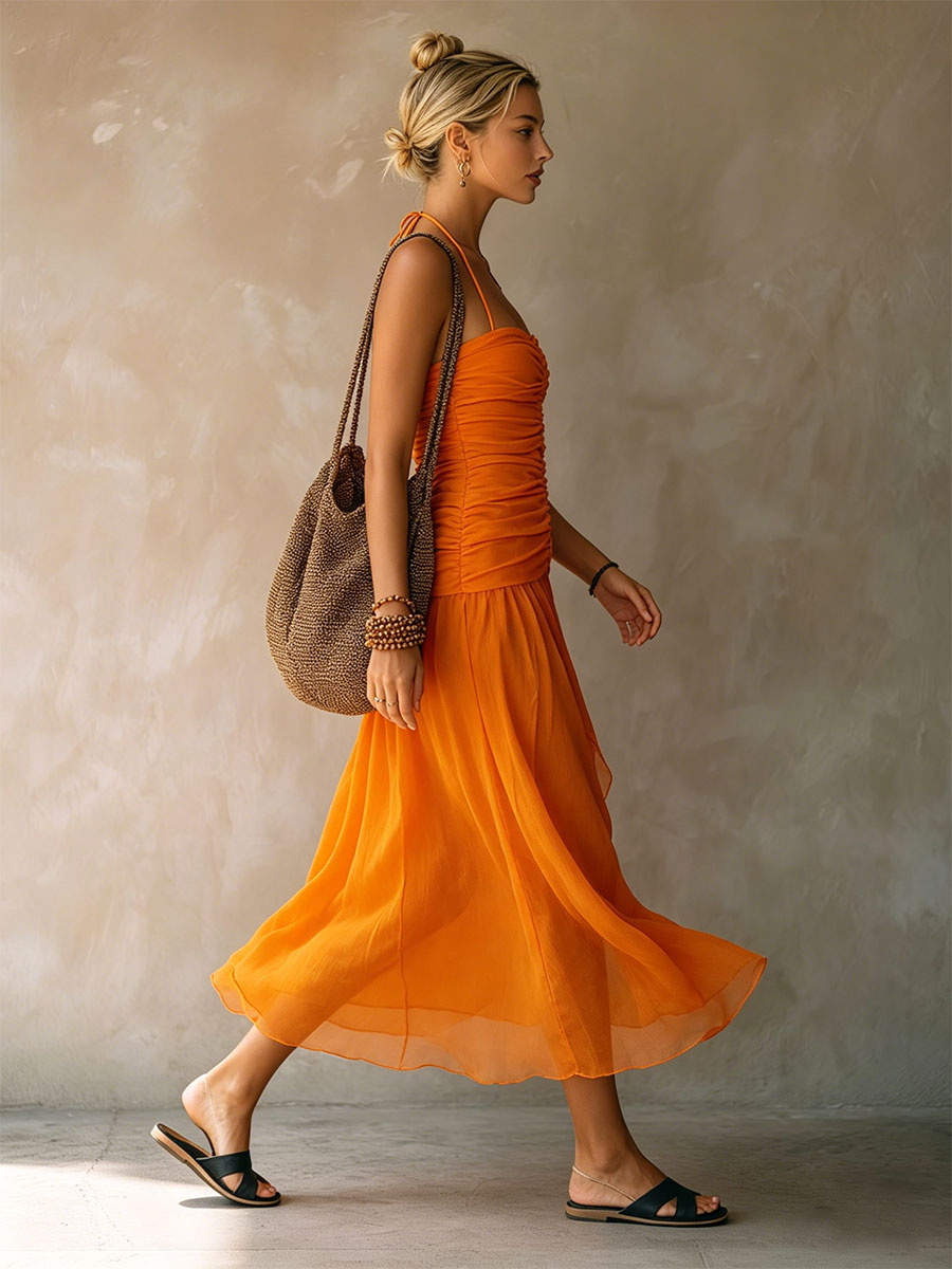 Retro-elegant Orange Halter Neck Sleeveless Pleated Chiffon Midi Dress
