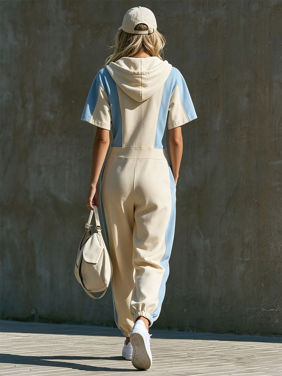 Retro Sporty Color-blocked Short-sleeved Hooded Cotton Jumpsuit