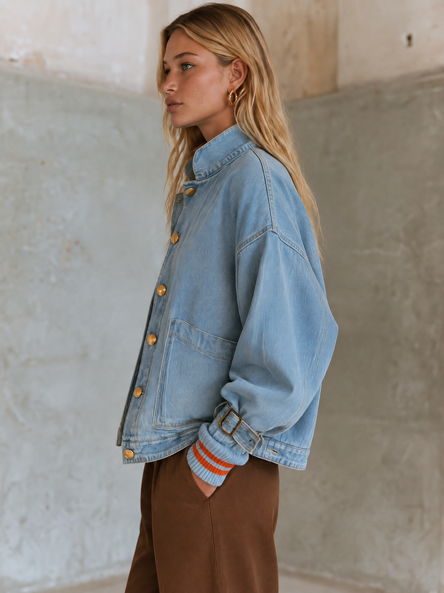 Oversized Denim Jacket For Women With Gold Buttons And Striped Ribbed Cuffs