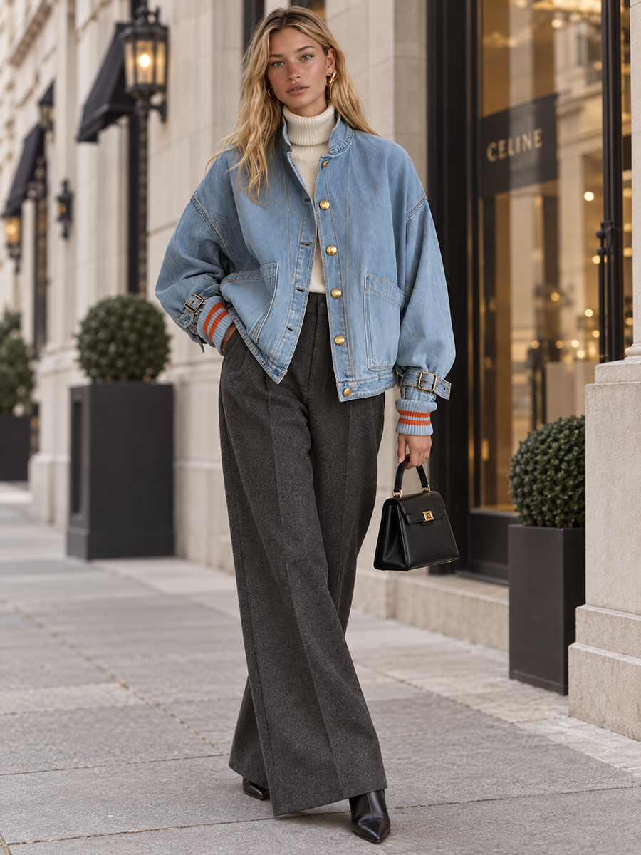 Oversized Denim Jacket For Women With Gold Buttons And Striped Ribbed Cuffs