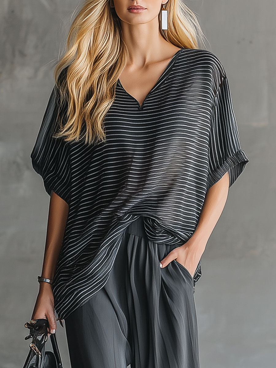 Stylish And Casual Black Short-sleeved Top And Gray Chiffon Pants Set