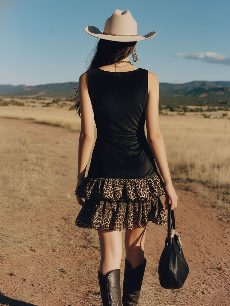Western Retro Leopard Print Chiffon Ruffled Black V-Neck Faux Suede Mini Dress