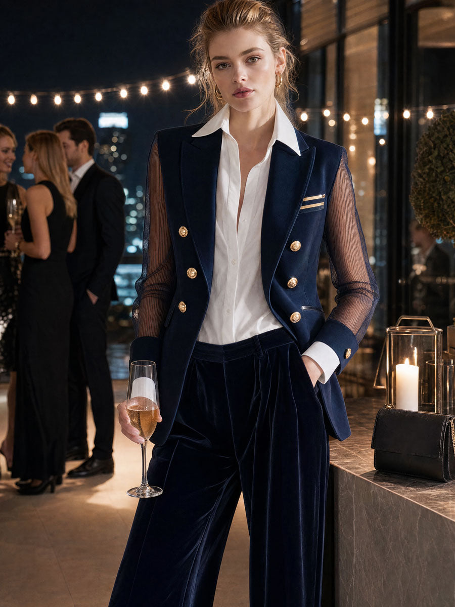 Simple And Stylish Navy Blue Chiffon Sleeve Blazer