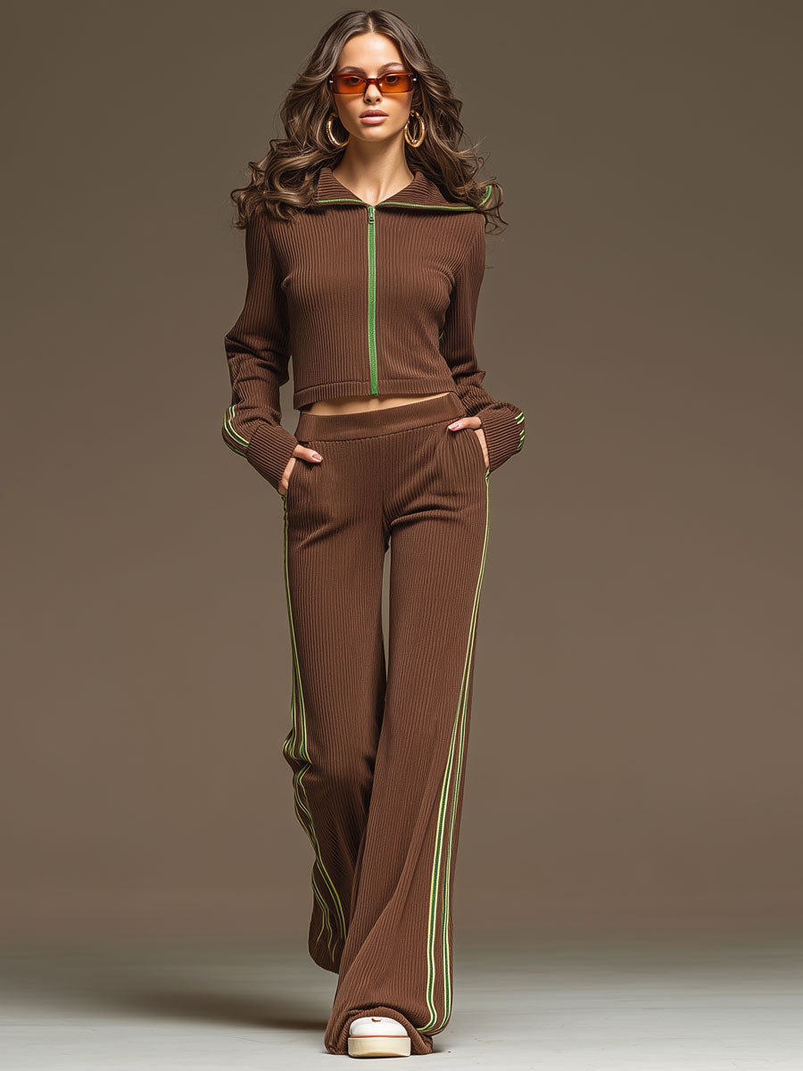 Sporty Retro Green Ribbon Brown Knit Top And Wide-leg Pants Set