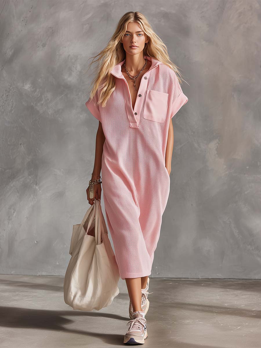 Retro Casual Lapel Front-Button Short Sleeve Pink Waffle-Knit Midi Dress