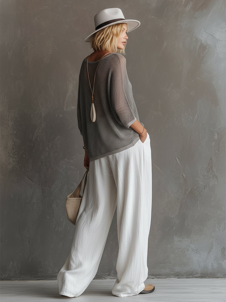 Simple Urban Gray Mesh Knit T-shirt And White Cotton Linen Wide-leg Pants Set