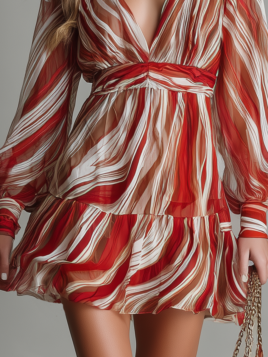 Stylish And Casual V-neck Long-sleeved Striped Printed Chiffon Mini Dress