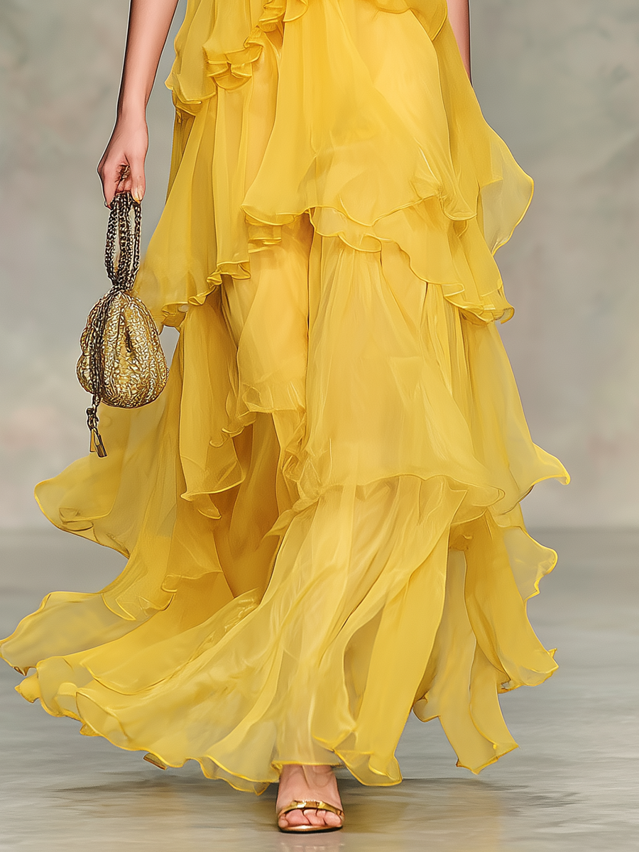 Elegant And Stylish V-neck Layered Chiffon Ruffles Maxi Dress