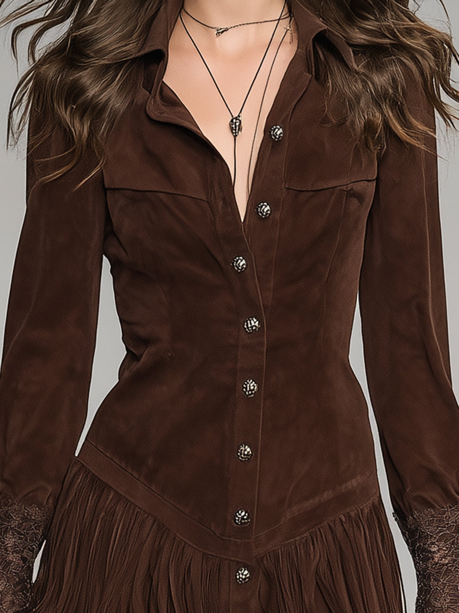 Western-style Brown Faux Suede With Fringed Hem And Cuffs Shirt Mini Dress