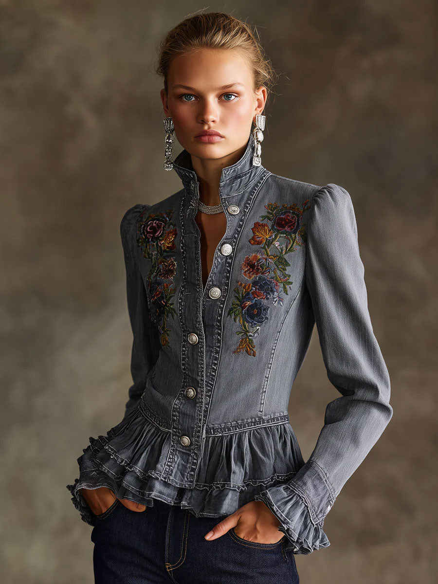 Casual Retro Floral Embroidered Ruffled Gray-blue Denim Jacket