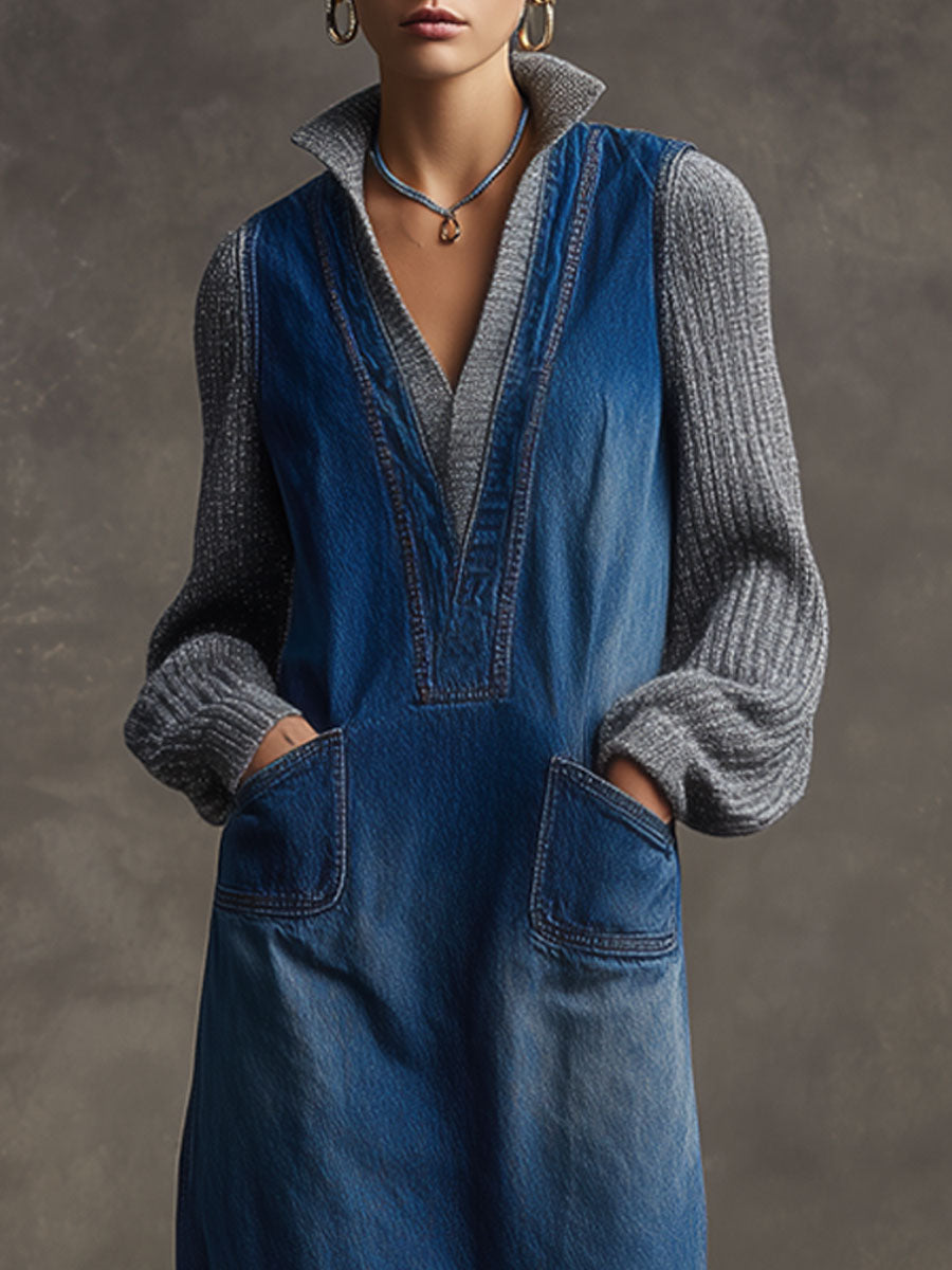 Casual Retro Long-sleeved Gray Knit Patchwork Blue Denim Midi Dress