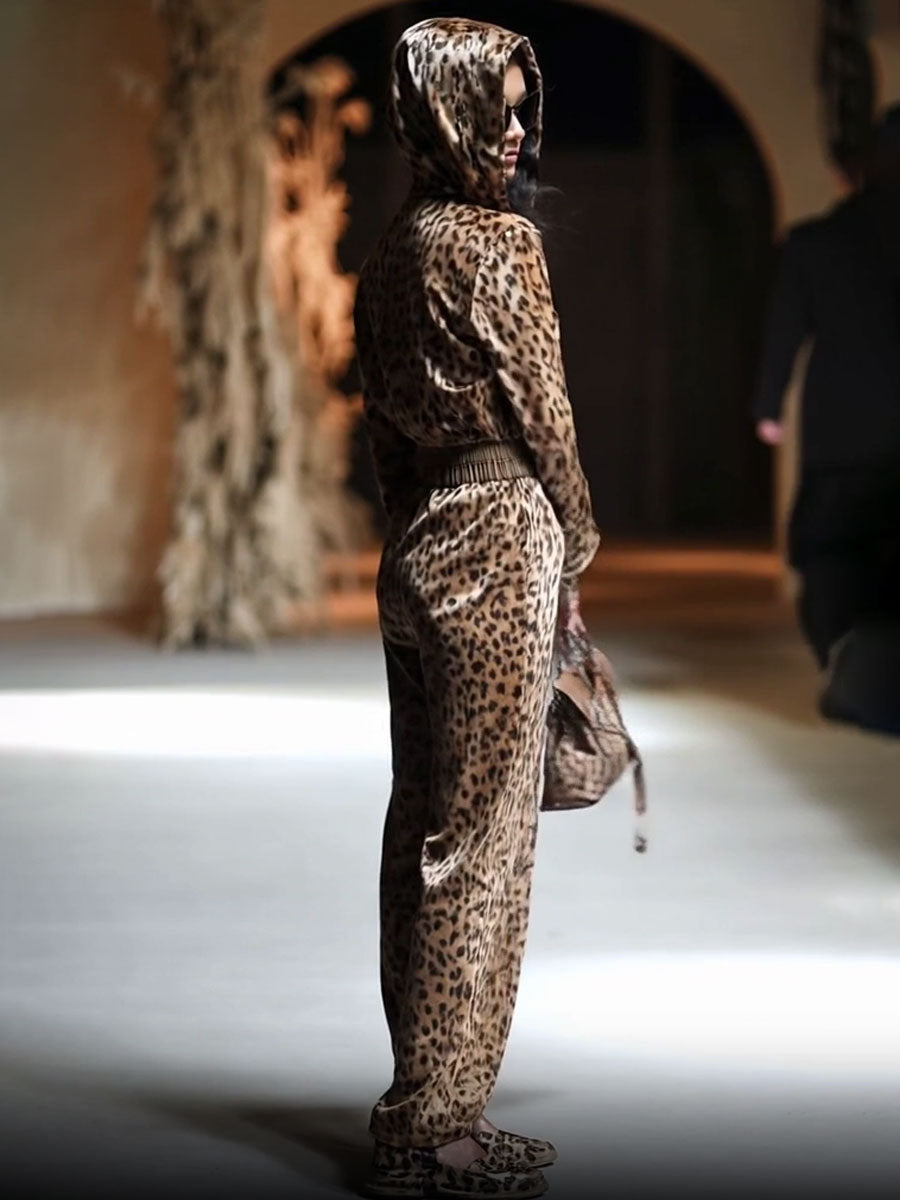 【24-hour shipping out】Casual Loose Vintage Velvet Leopard Print Zipper Hooded Jumpsuit