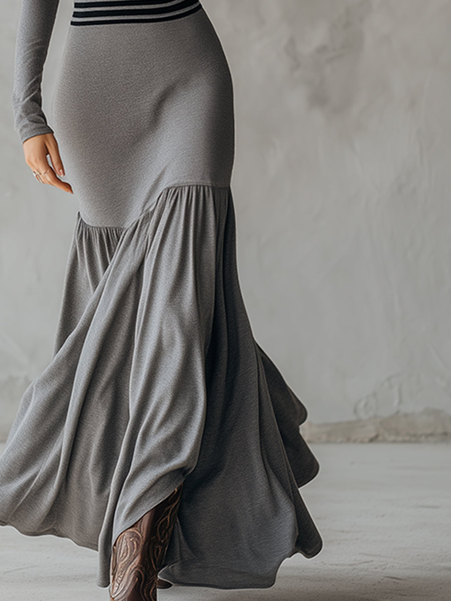 Stylish And Sexy Sporty Striped Gray Cotton Maxi Dress