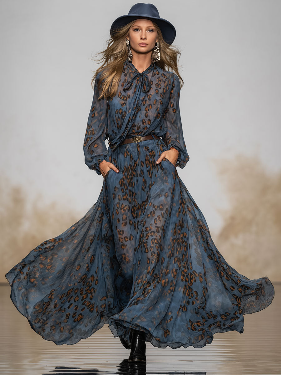 Fashionable Retro Long-sleeved Leopard Print Dark Blue Chiffon Maxi Dress