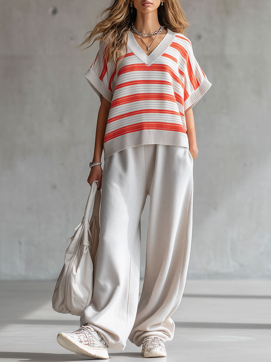Retro Striped Knit Short-sleeved Shirt And Gray Pants Set