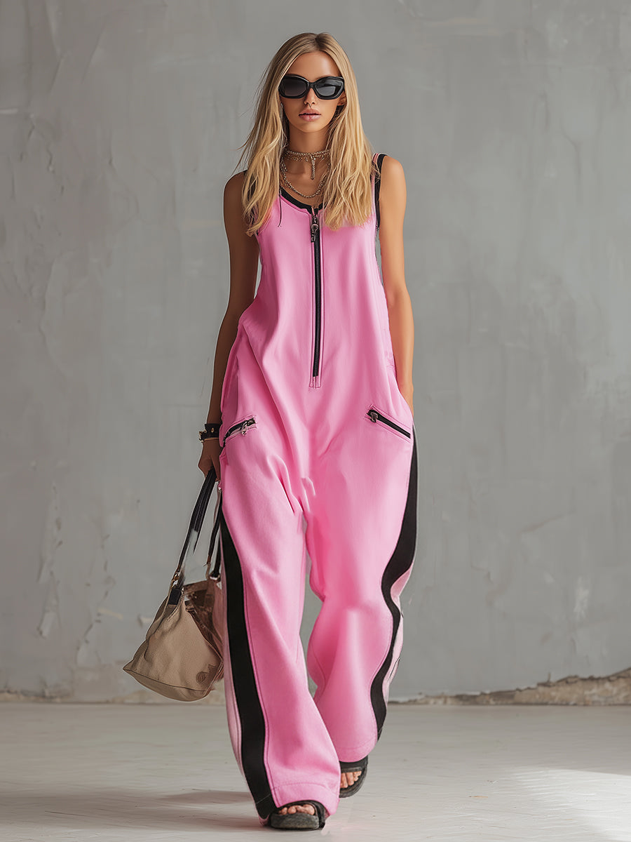 Casual Urban Style Sporty Pink Cotton Loose-fitting Sleeveless Jumpsuit