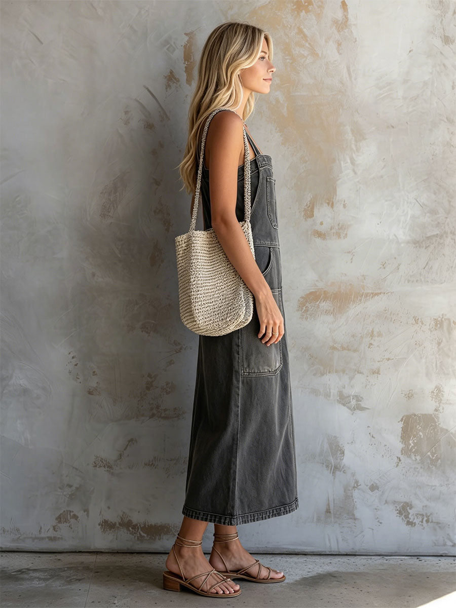 Casual Retro Gray Sleeveless Multi-pocket Washed Denim Midi Dress