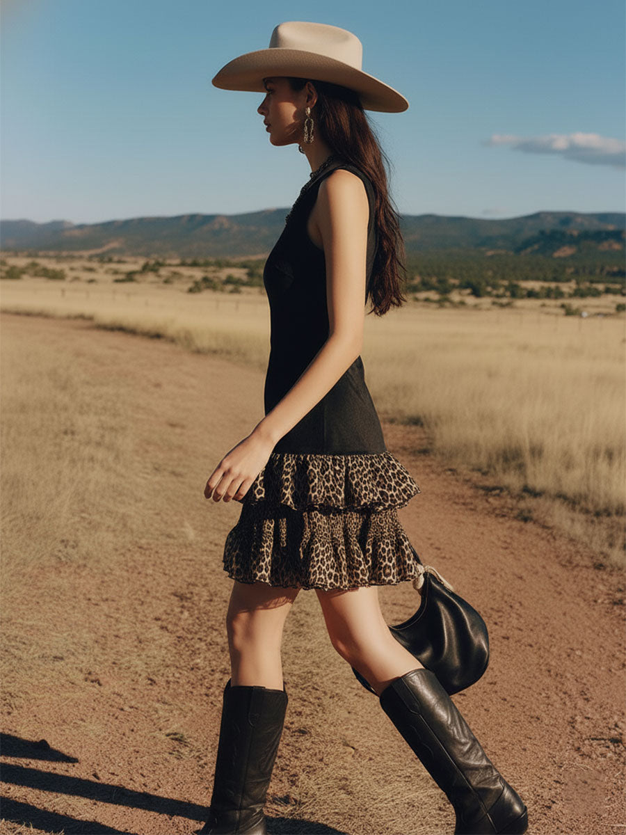 Western Retro Leopard Print Chiffon Ruffled Black V-Neck Faux Suede Mini Dress