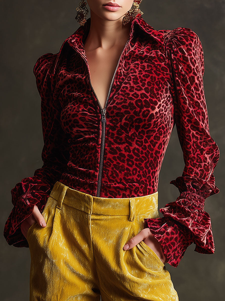 Casual Retro Red Leopard Print Velvet Zip-up Ruffled Long-sleeved Shirt