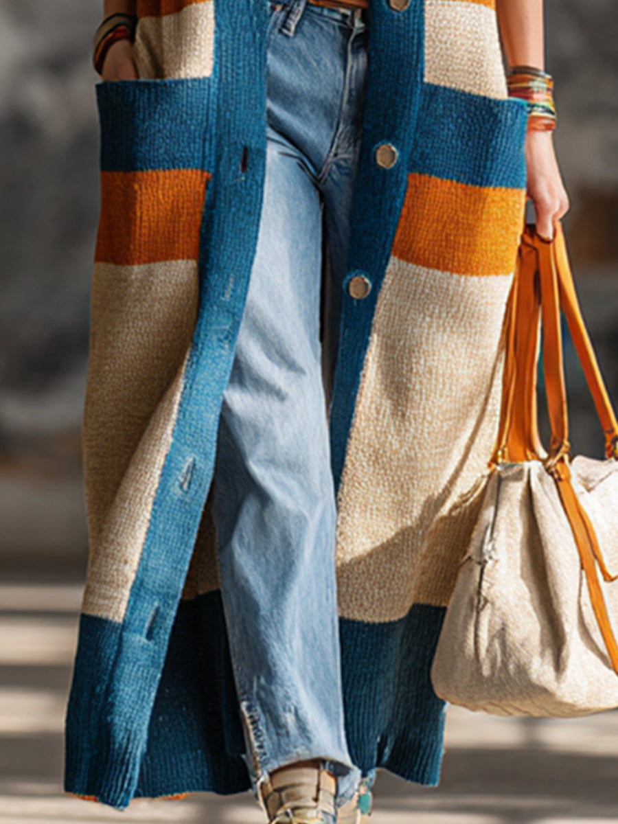 Stylish And Versatile Color-blocked Striped Knit Cardigan Vest