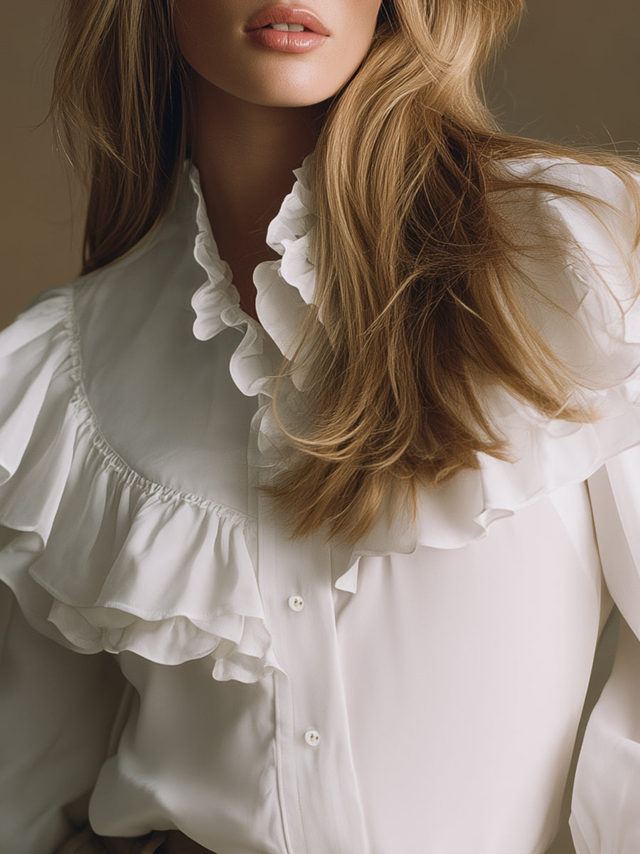 Stylish And Elegant Ruffle Trim White Shirt