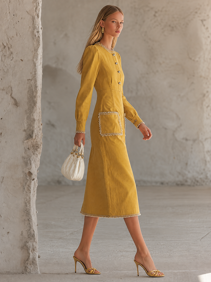 Mustard Utility Maxi Dress Button Front Patch Pocket Long Dress