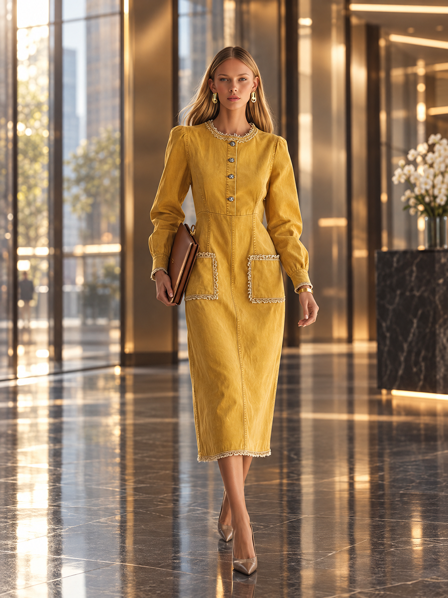 Mustard Utility Maxi Dress Button Front Patch Pocket Long Dress