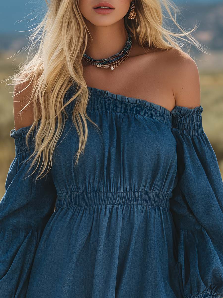 Vintage Single-shoulder Long-sleeved Ruffled Denim Mini Dress