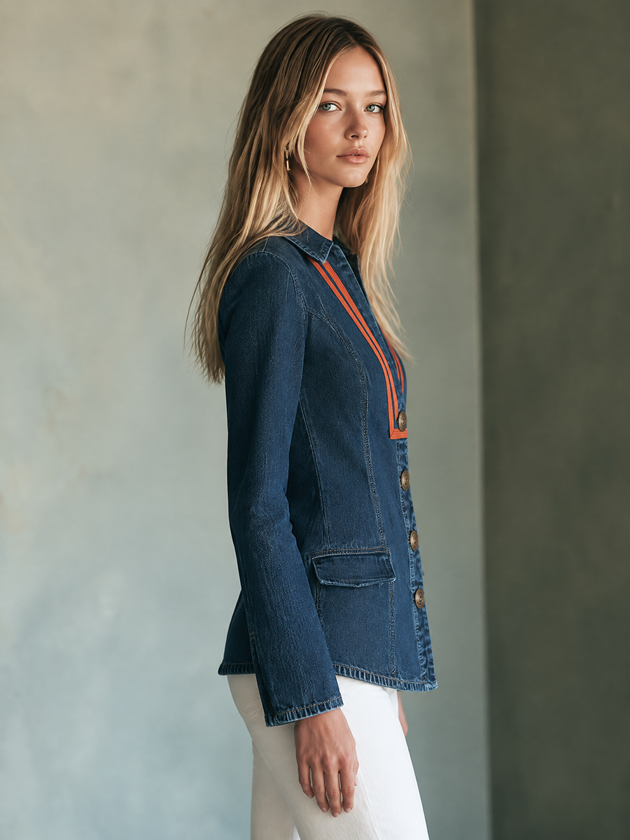 Navy Knit Cardigan Jacket V Neck Button Front Contrast Trim