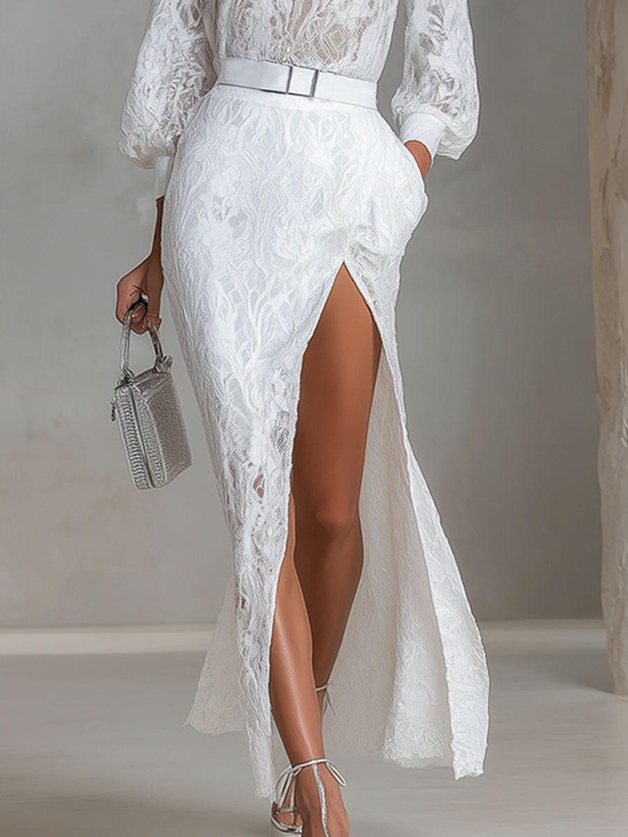 Elegant Round-neck Lace Long-sleeved Top And Slit Lace Skirt Set