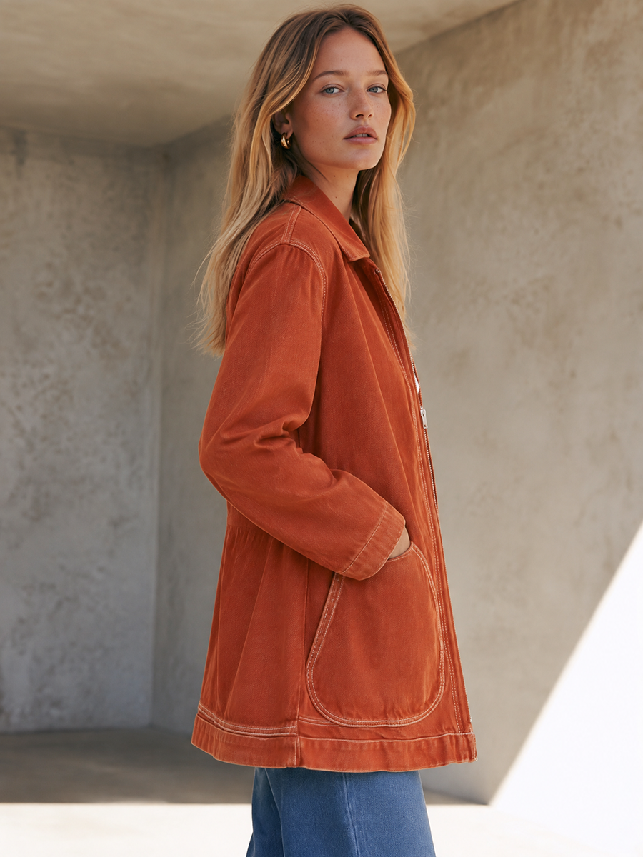 Rust Washed Utility Jacket Zip Front Oversized Pocket Coat