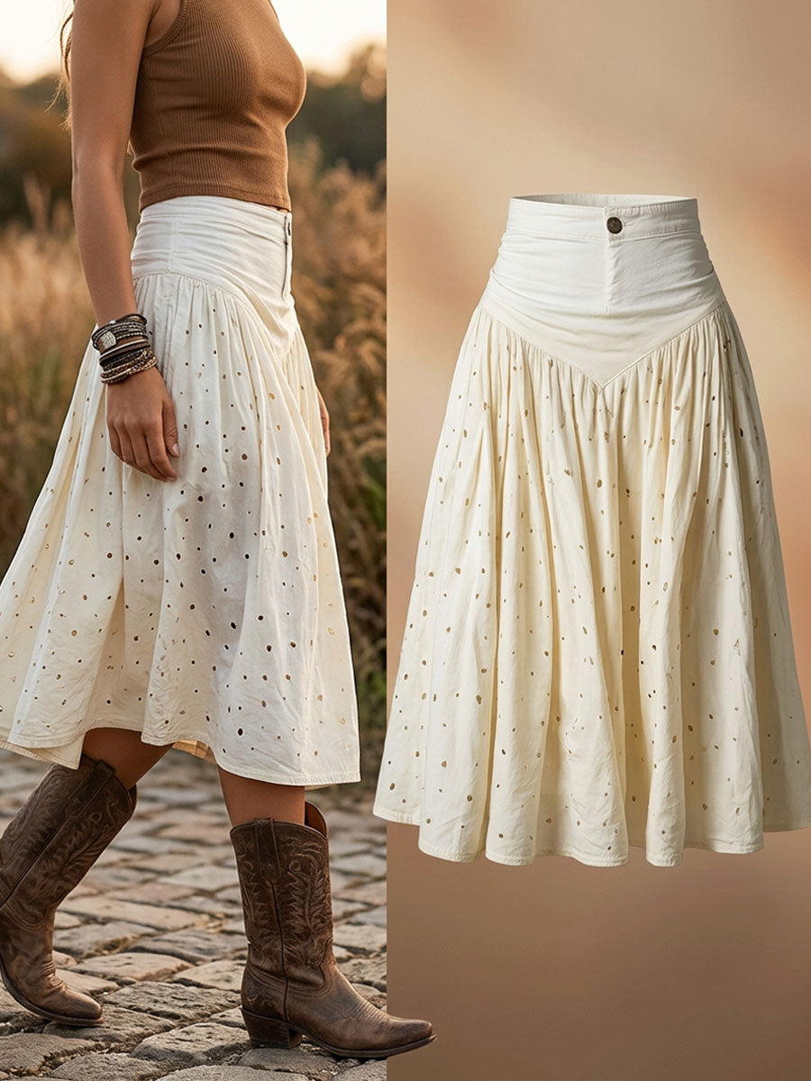 Western Retro Polka Dot Off-white Denim Pleated Midi Skirt
