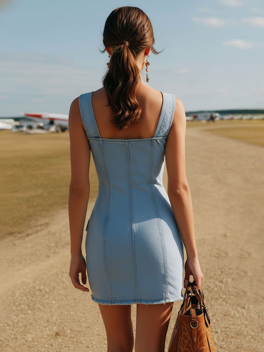Western Retro Black Double-breasted Blue Sleeveless Denim Mini Dress