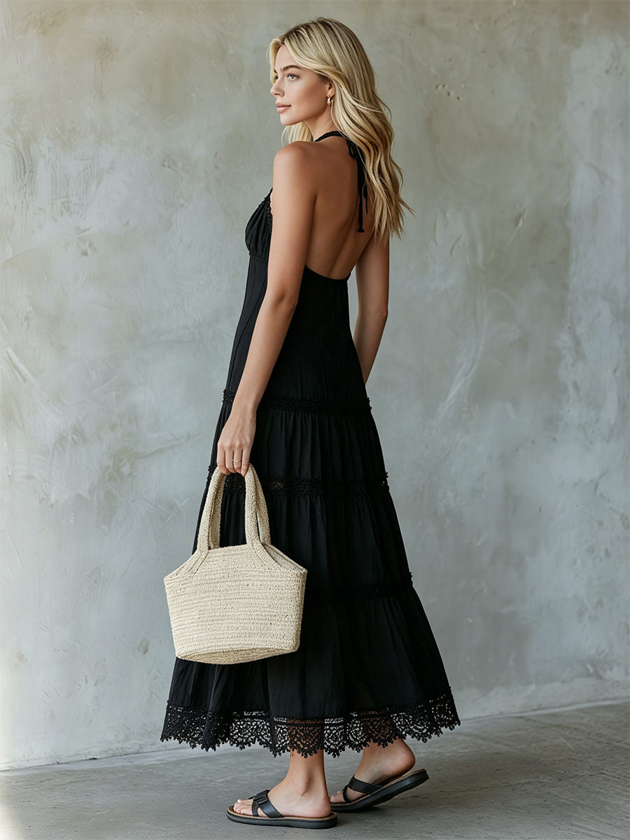 Retro Elegant Black Lace-trimmed Sleeveless Halter Neck Button Cotton Linen Maxi Dress