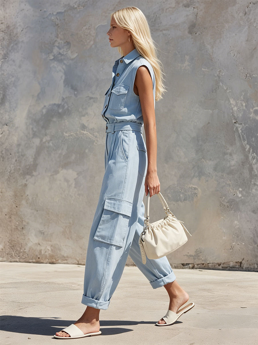 Casual Retro Blue Sleeveless Collared Cotton And Linen Shirt And Trousers Set
